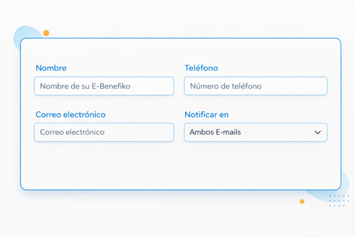 Formulario del E-Benefiko con los campos de nombre, teléfono, correo electrónico y notificaciones.