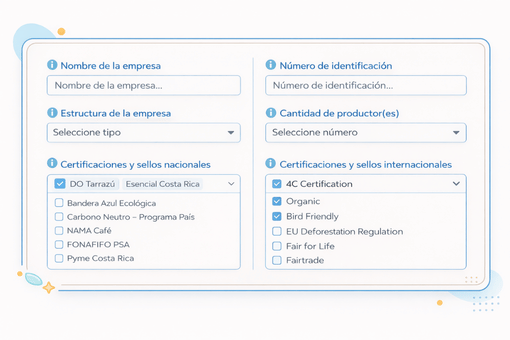 Formulario de empresa con nombre, número de identificación, estructura, cantidad de productores y certificaciones.