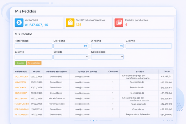 Vista modernizada de la sección de pedidos de un E-Benefiko con filtros de búsqueda, indicadores clave y tabla de seguimiento de pedidos.
