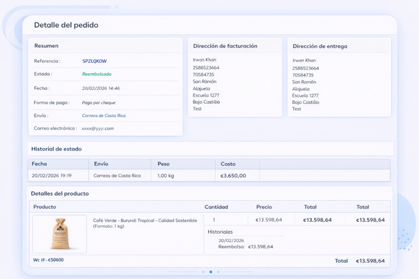 Vista modernizada del detalle de un pedido de un E-Benefiko con resumen, direcciones, envío, historial de estado y detalle del producto.