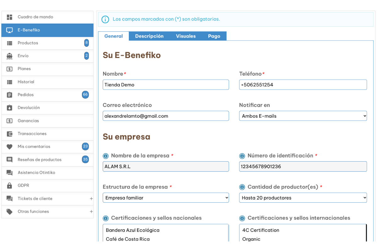 Vista general de la interfaz de E-Benefiko