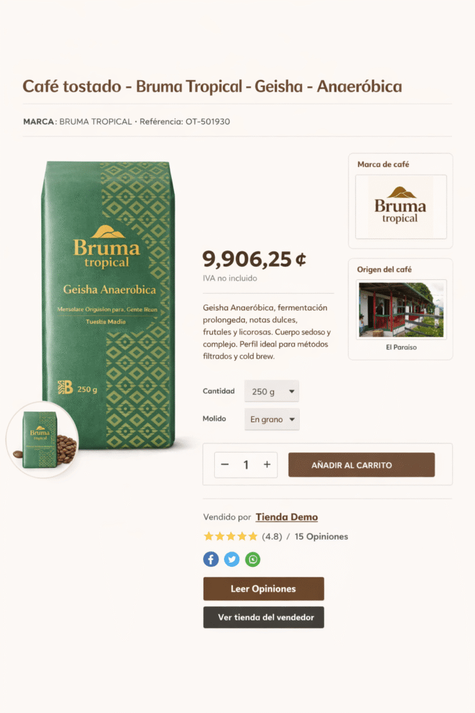 Ficha de producto de café de especialidad con diseño moderno, imagen principal, precio, atributos, vendedor, marca y origen del café