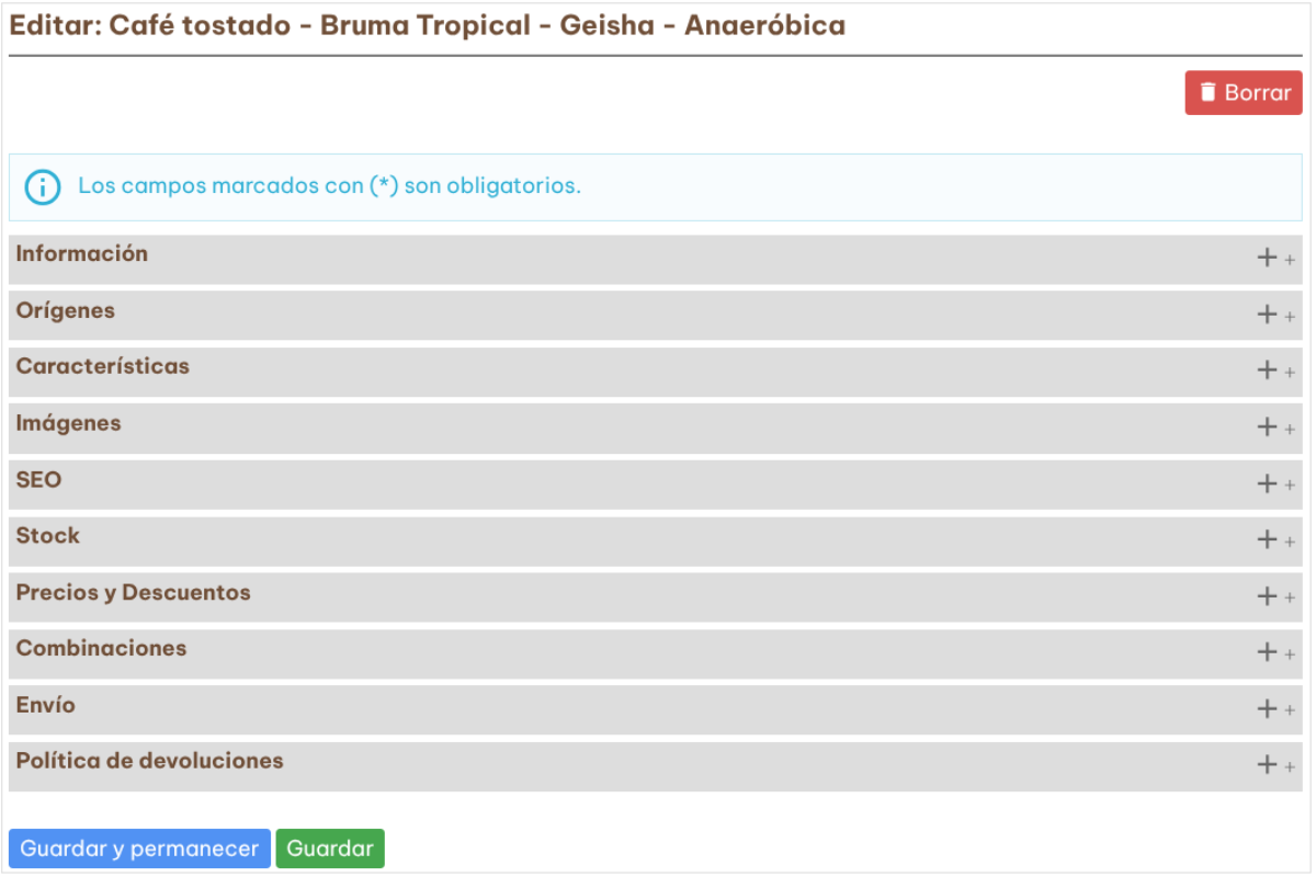 Edición de producto en el catálogo E-Benefiko con pestañas de información, orígenes, características, imágenes, SEO, stock, precios, combinaciones, envío y devoluciones