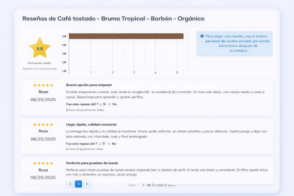 Página de reseñas del café Bruma Tropical con nota media, gráfico de valoración y comentarios de clientes
