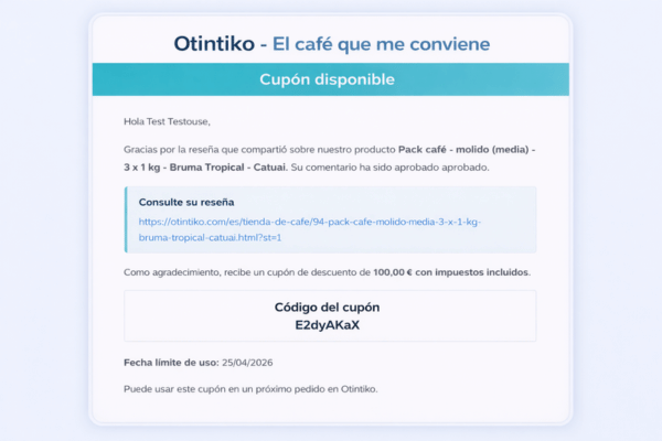 Correo de Otintiko con cupón de descuento disponible tras la aprobación de una reseña de producto