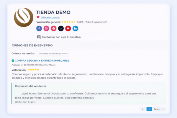 Ficha del E-Benefiko con identidad visual, valoración general, redes sociales y opiniones de clientes con respuesta del vendedor