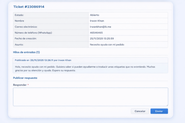 Detalle del ticket de soporte 23086914 con datos del cliente, mensaje recibido y campo de respuesta