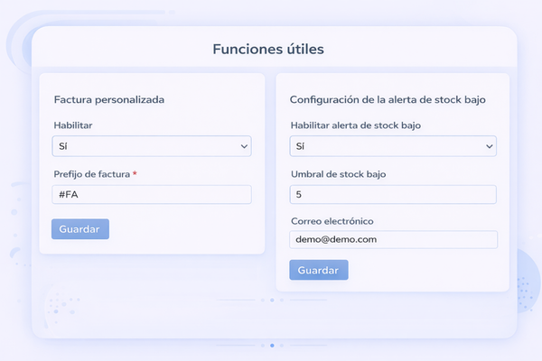 Vista modernizada de las funciones útiles de un E-Benefiko con configuración de factura personalizada y alerta de stock bajo.