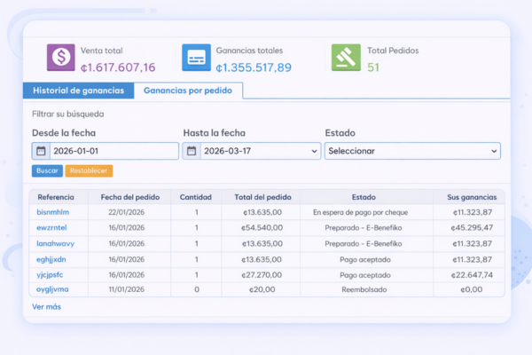 Vista modernizada de la sección de ganancias de un E-Benefiko con indicadores clave, filtros por fecha y estado, e historial de ganancias por pedido.