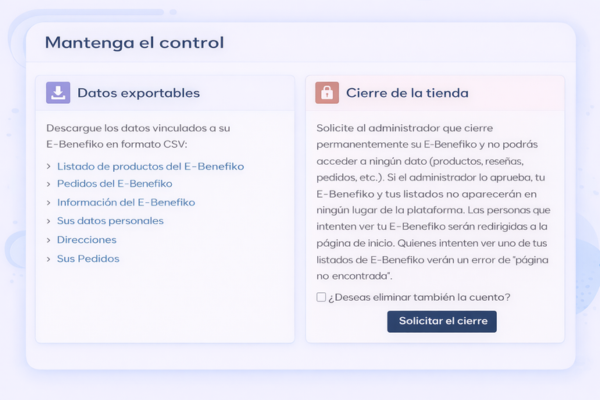 Vista modernizada de la sección GDPR de un E-Benefiko con opciones para exportar datos en CSV y solicitar el cierre de la tienda.