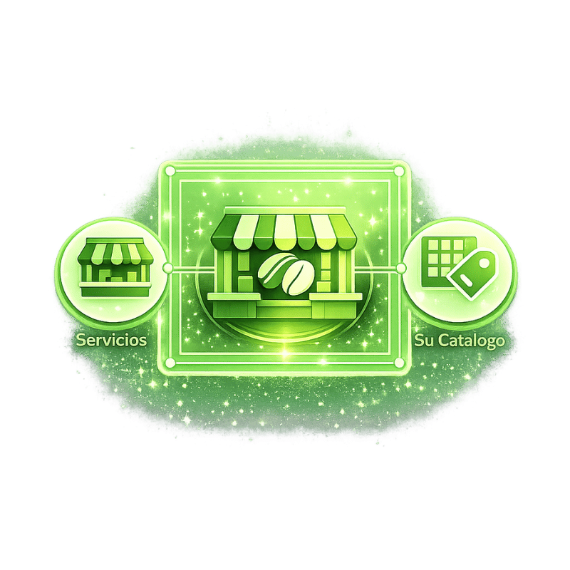 Icono visual de creación de tienda E-Benefiko con vitrina y catálogo