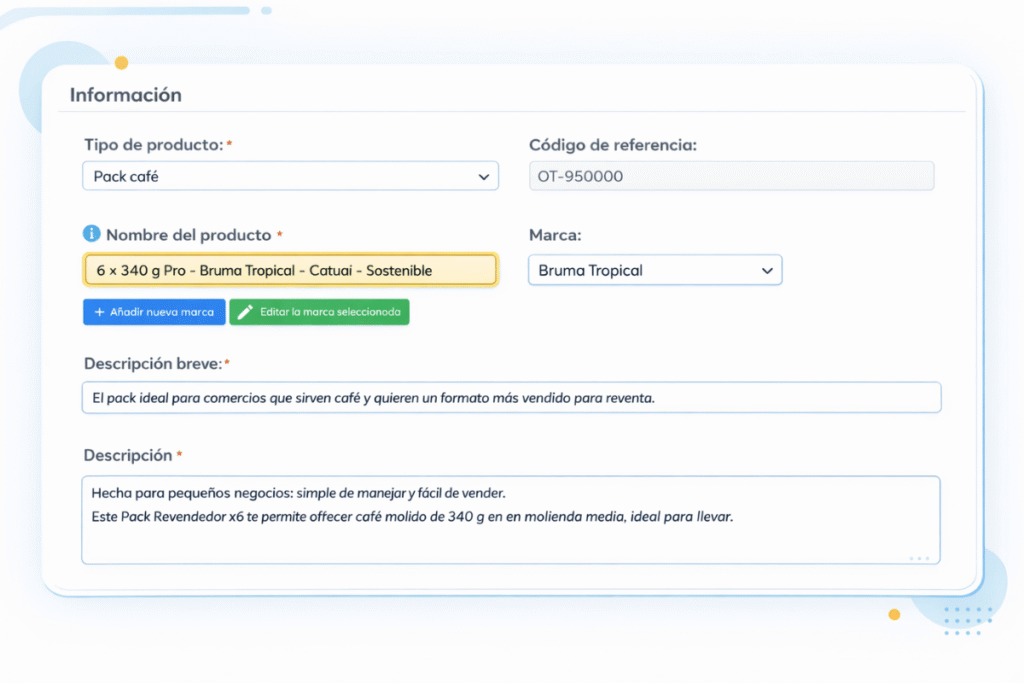 Formulario de información del producto con campos para tipo de producto, nombre, referencia, marca y descripciones