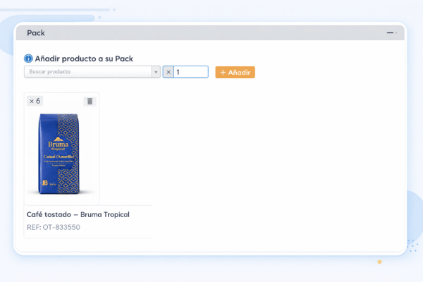 Formulario de pack del producto con buscador, cantidad y ficha visual del artículo añadido