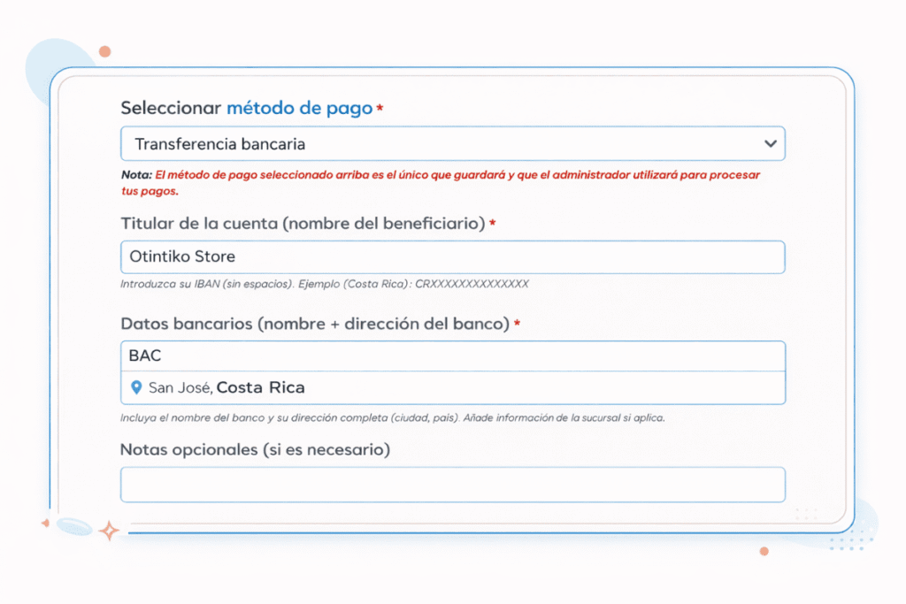Alt Formulario de pago del E-Benefiko con método de pago, titular de la cuenta, IBAN, datos bancarios y notas opcionales. Title Formulario de pago del E-Benefiko Description Ilustración del bloque de pago del E-Benefiko con los campos necesarios para registrar el método de pago, el titular de la cuenta, el IBAN y los datos bancarios asociados.