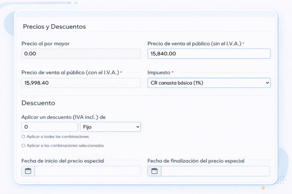 Formulario de precios y descuentos del producto con precio al por mayor, precio de venta, impuesto y promoción programada