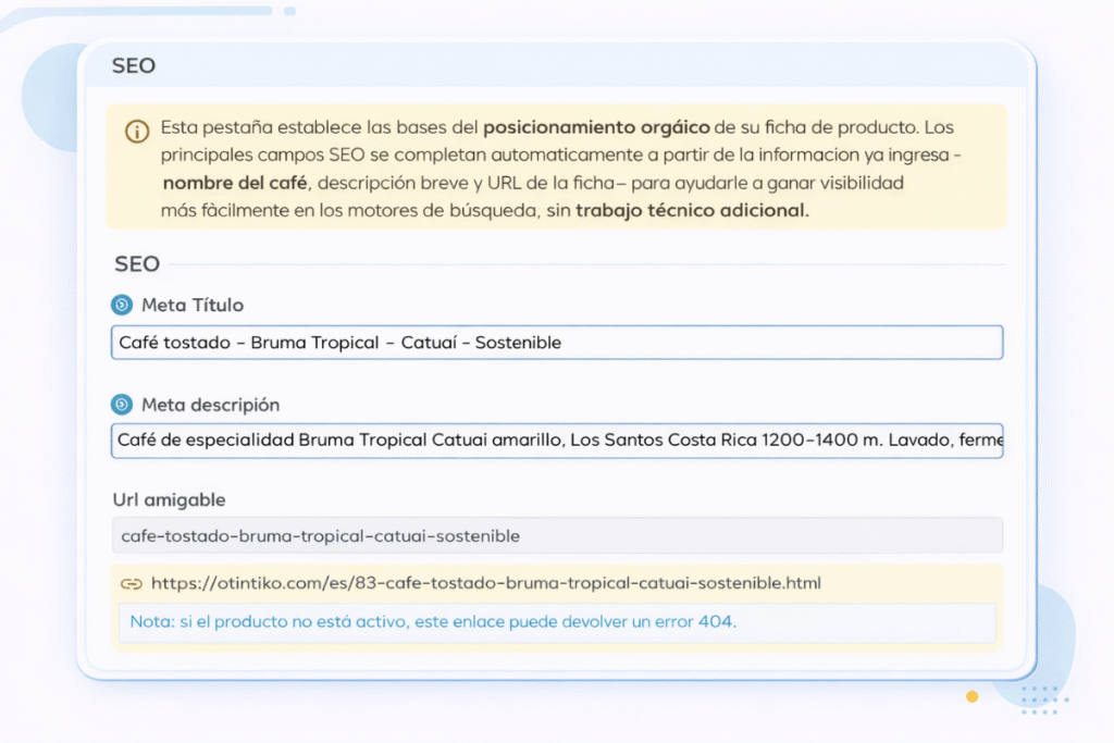 Formulario SEO del producto con meta título, meta descripción y URL amigable generados automáticamente