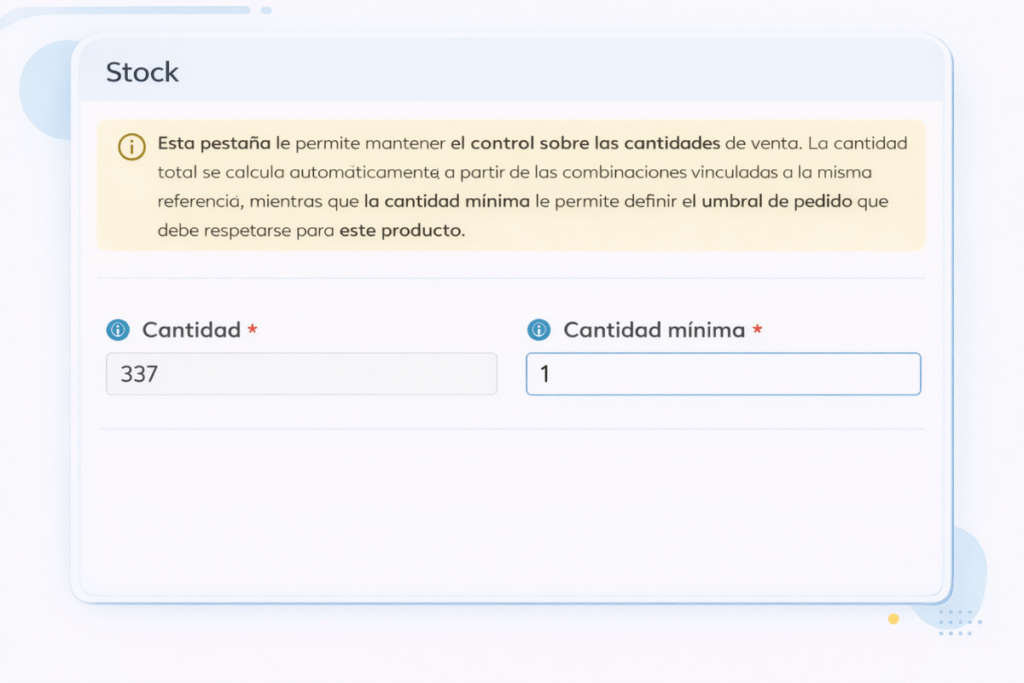 Formulario de stock del producto con campos para cantidad total y cantidad mínima de pedido