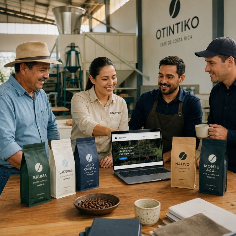 Productores y profesionales del café reunidos alrededor de una tienda E-Benefiko con diferentes marcas y perfiles de café organizados en un mismo espacio comercial.