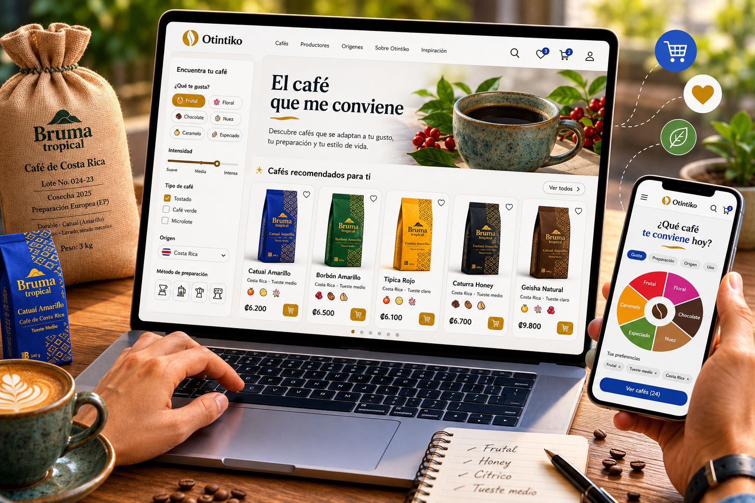 Comprador explorando cafés de especialidad mediante filtros de búsqueda y recomendaciones personalizadas en una plataforma digital.