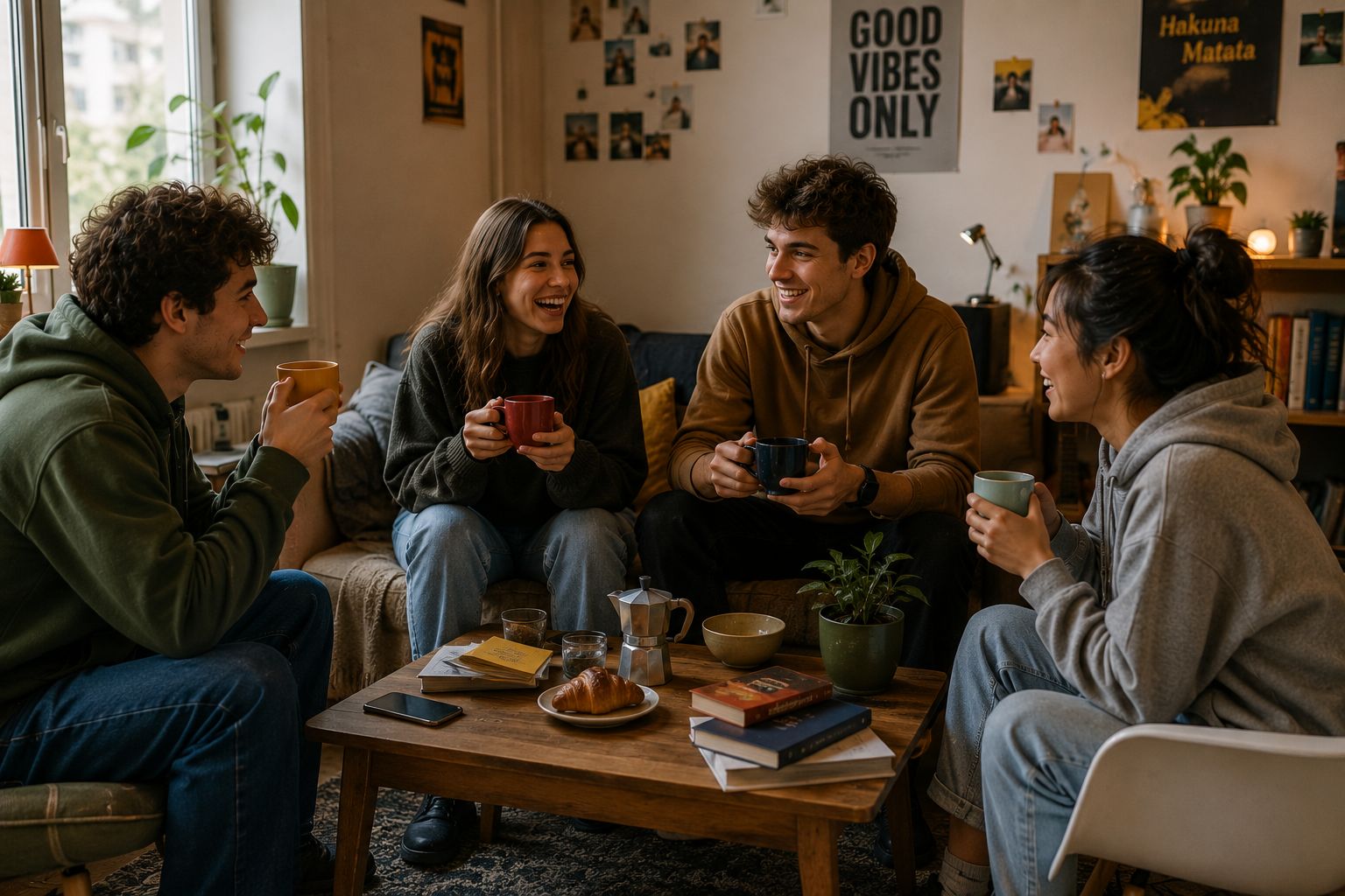 Grupo de estudiantes compartiendo café y conversación en el salón de un apartamento universitario durante un momento de convivencia.