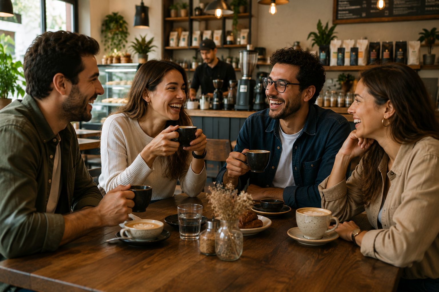 Grupo de amigos disfrutando de café de especialidad en una cafetería acogedora mientras comparten una conversación en un ambiente relajado.