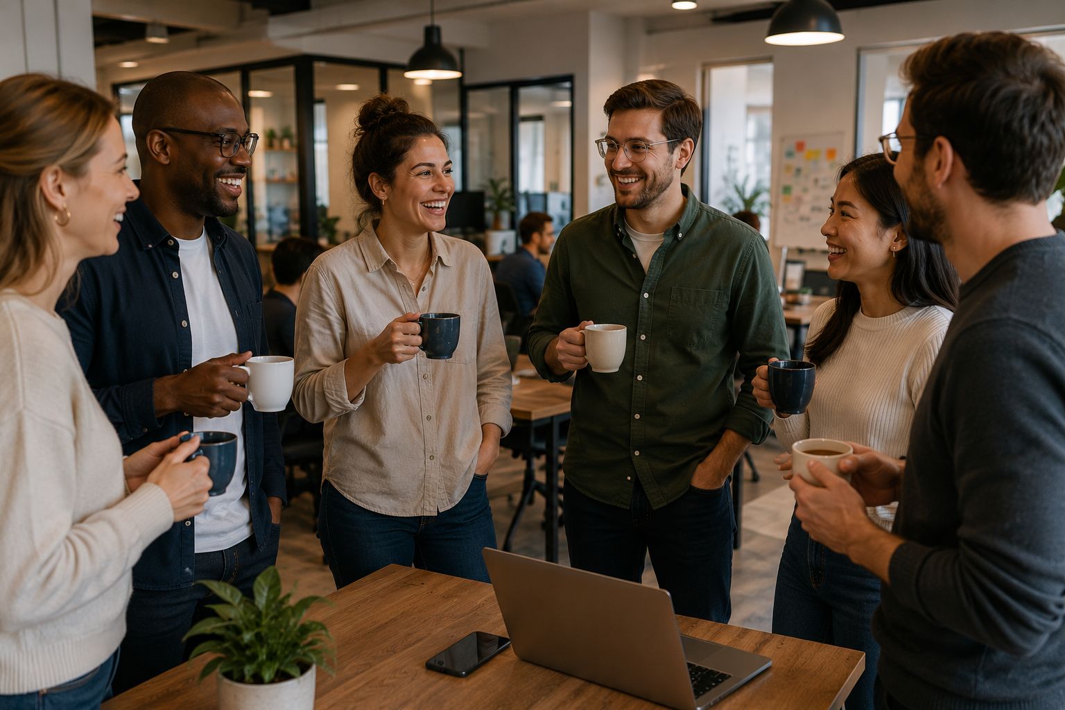 Grupo de colegas disfrutando de una pausa para el café en la oficina mientras conversan en un ambiente relajado y colaborativo.