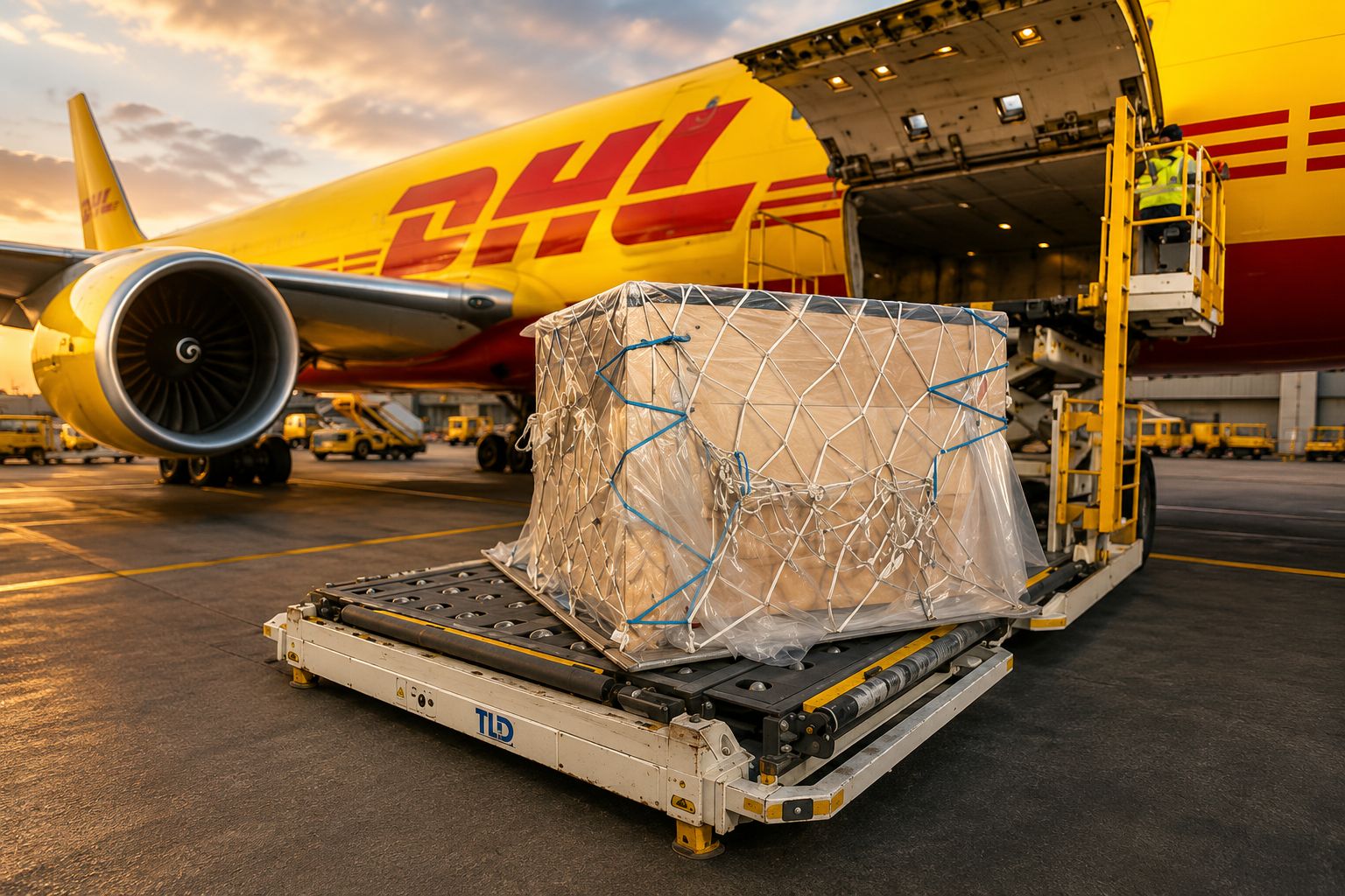 Carga aérea siendo preparada para su embarque en un avión de transporte internacional, ilustrando las oportunidades de envío y apertura a nuevos mercados para el café de especialidad.