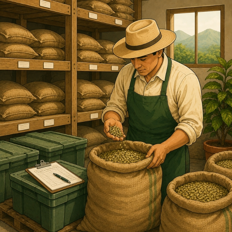 Trabajador revisando café almacenado en sacos dentro de una bodega.