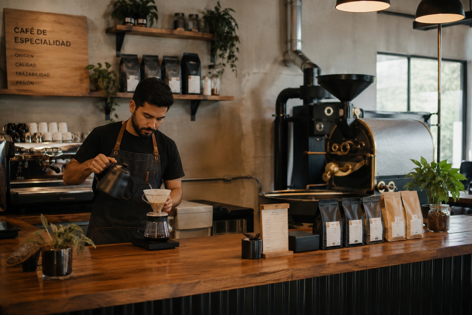 Barista preparando café en un coffee shop con área de tostión de café de especialidad en Costa Rica.