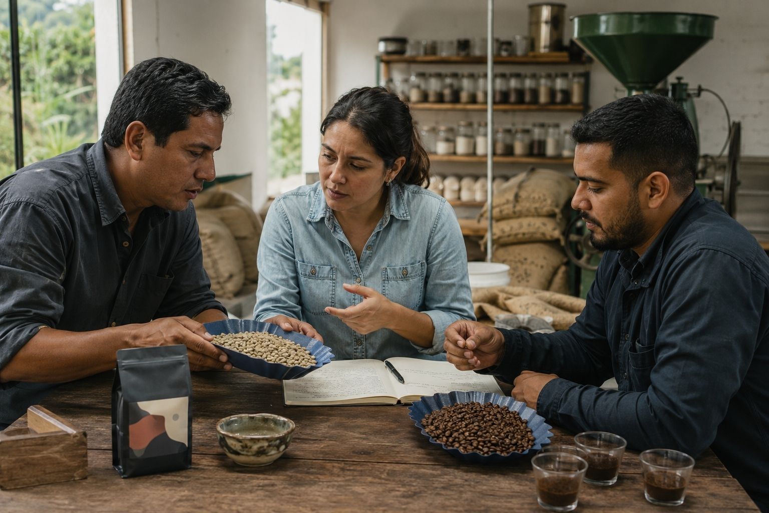Productores y profesionales del café analizando juntos muestras de café verde y tostado en un espacio de trabajo.