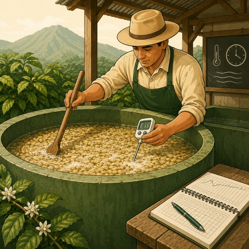 Trabajador controlando la fermentación del café en un tanque de procesamiento.