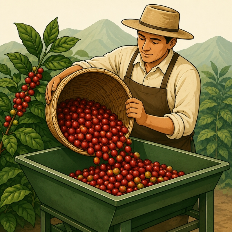 Productor entregando café cereza recién cosechado para su recepción en el beneficio.