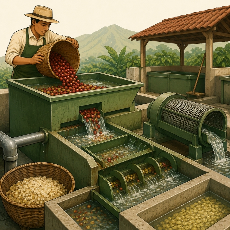 Proceso de tratamiento húmedo del café con agua y equipos de beneficiado.