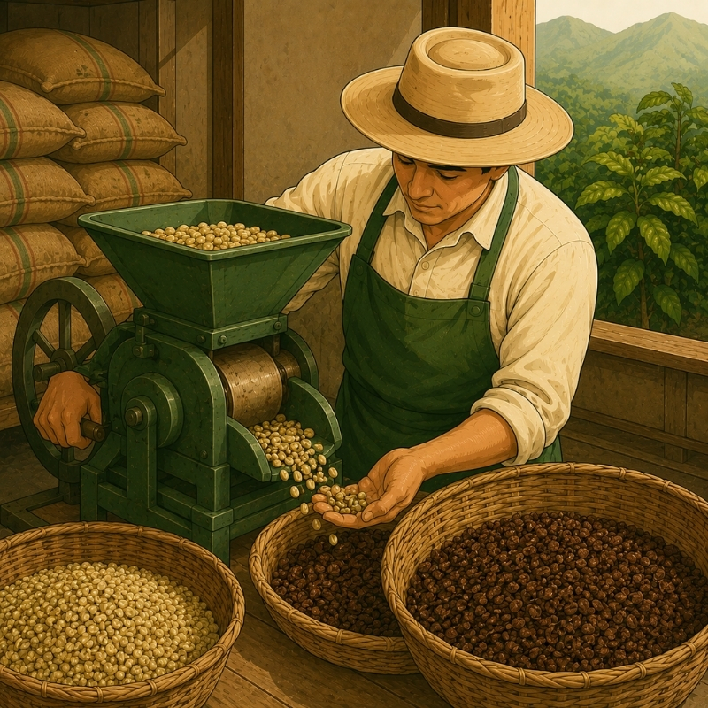 Trabajador utilizando una trilladora para retirar el pergamino del café.