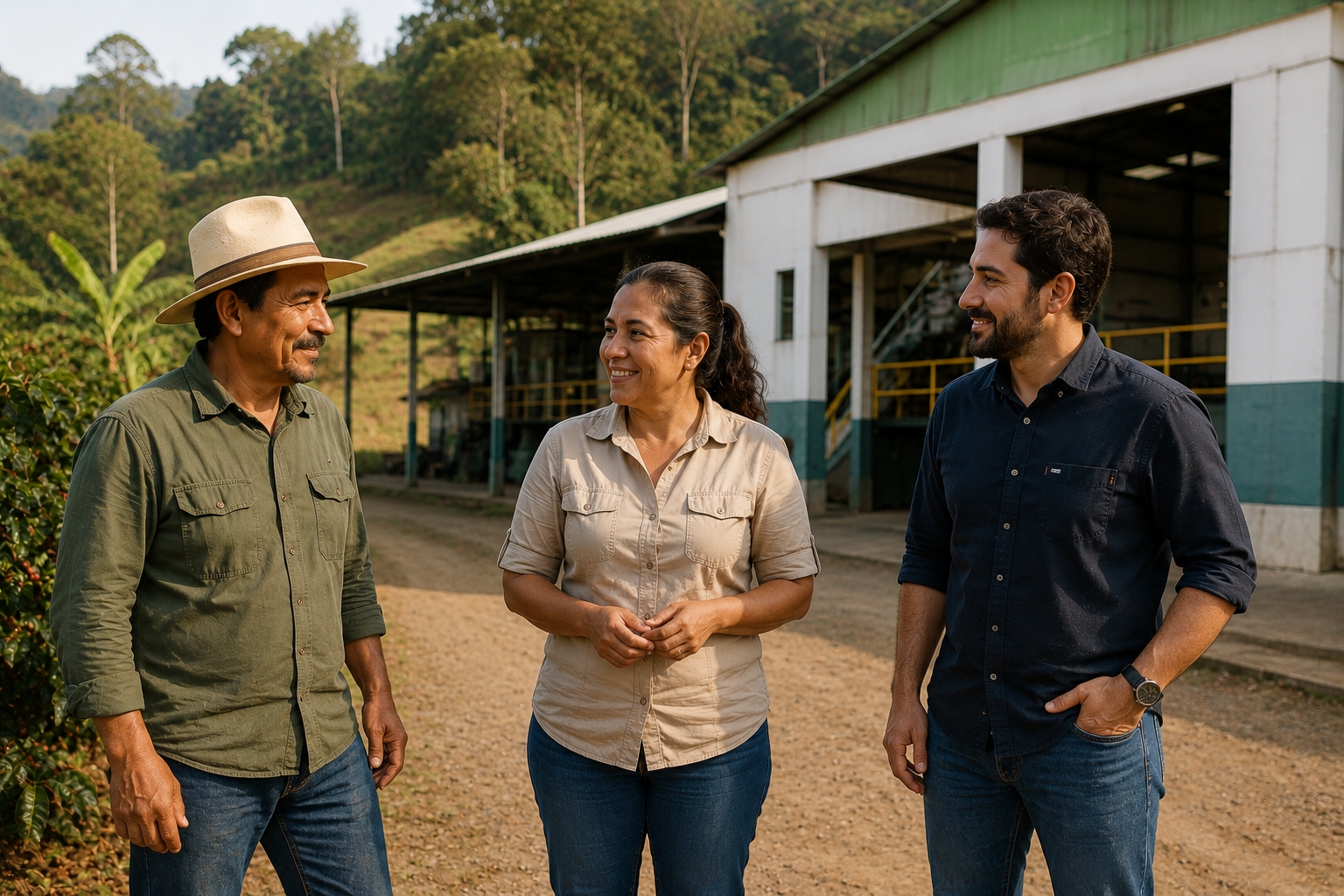 Productor y profesionales del café de especialidad frente a un beneficio en una zona cafetalera de Costa Rica.