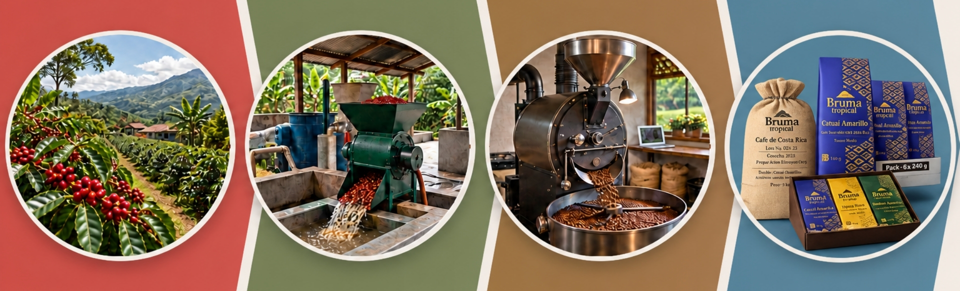 Evolución del café desde el cultivo y el procesamiento en un microbeneficio ecológico hasta el tostado y la comercialización digital.