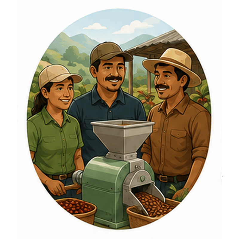 Varios productores reunidos alrededor de un pequeño equipo de beneficiado de café.