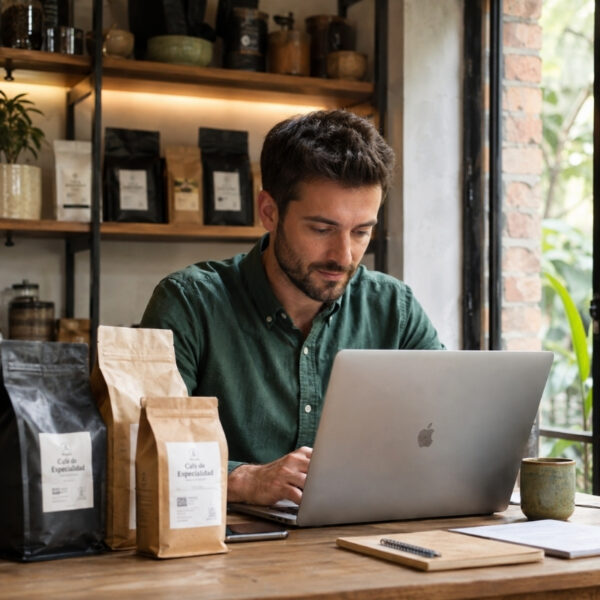 Gestor comercial de E-Benefiko trabajando en línea con cafés de especialidad