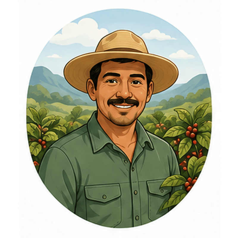Productor de café de especialidad frente a su finca y sus cafetales.