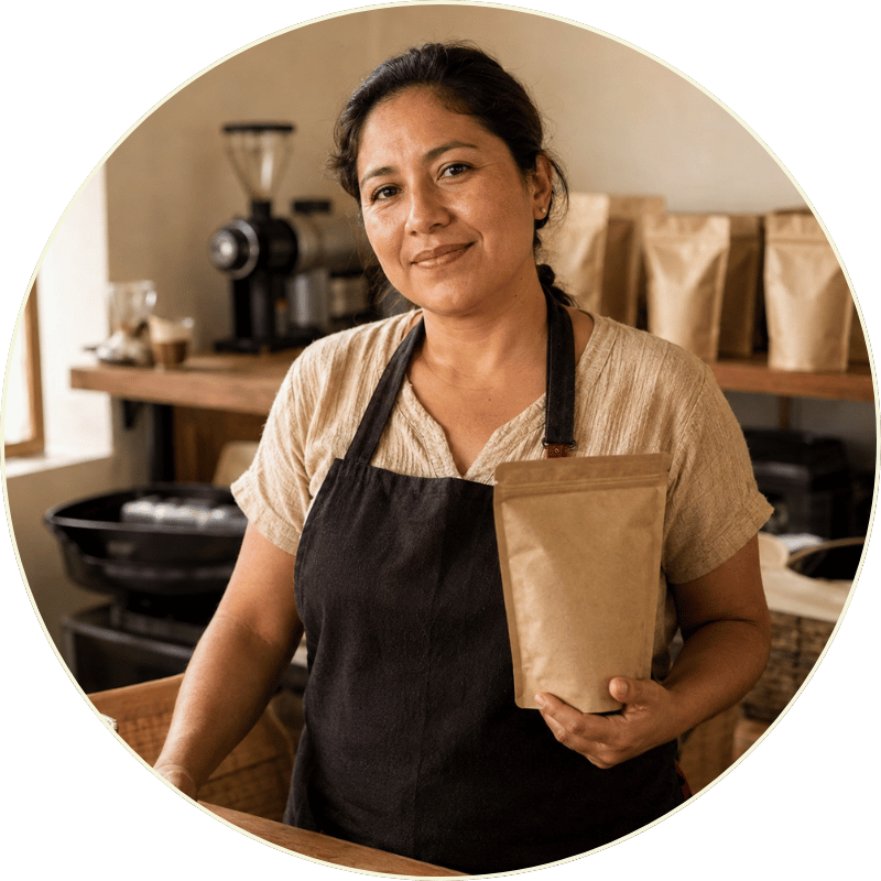 Vendedora latinoamericana de café de especialidad con un paquete de café y una tableta en su espacio de trabajo