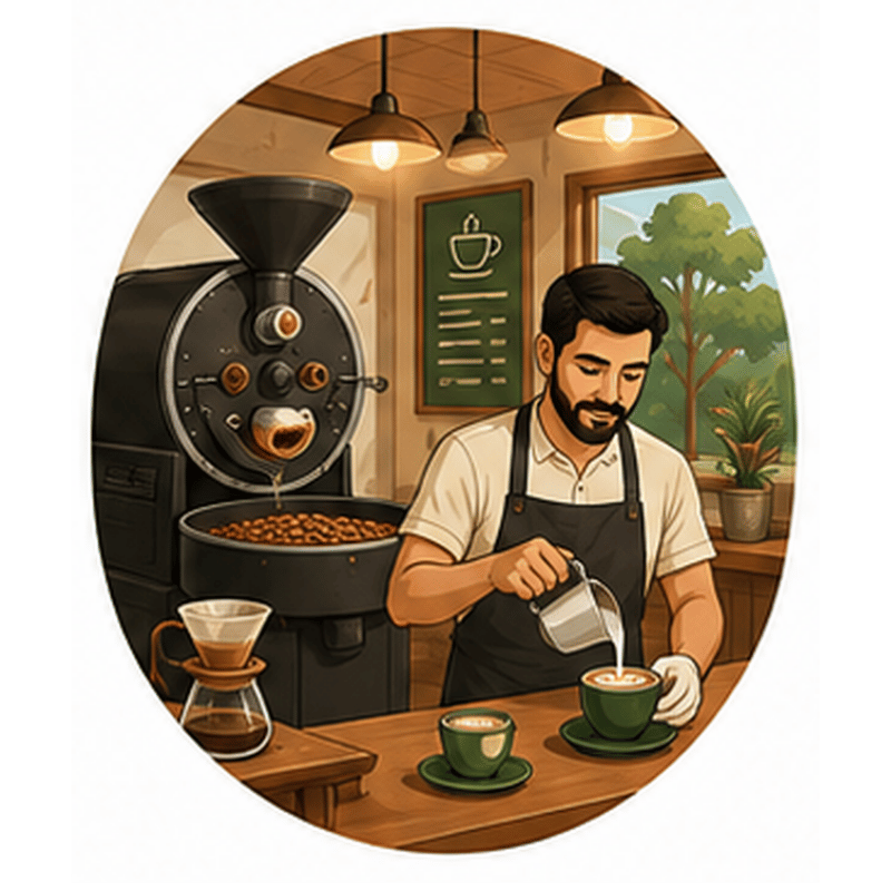 Tostador trabajando junto a un espacio de coffee shop y preparación de café.