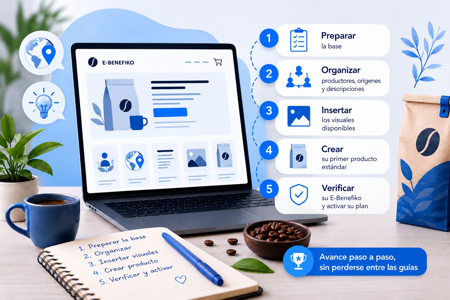 Infografía con los 5 pasos para preparar, organizar, completar y verificar un E-Benefiko en Otintiko.