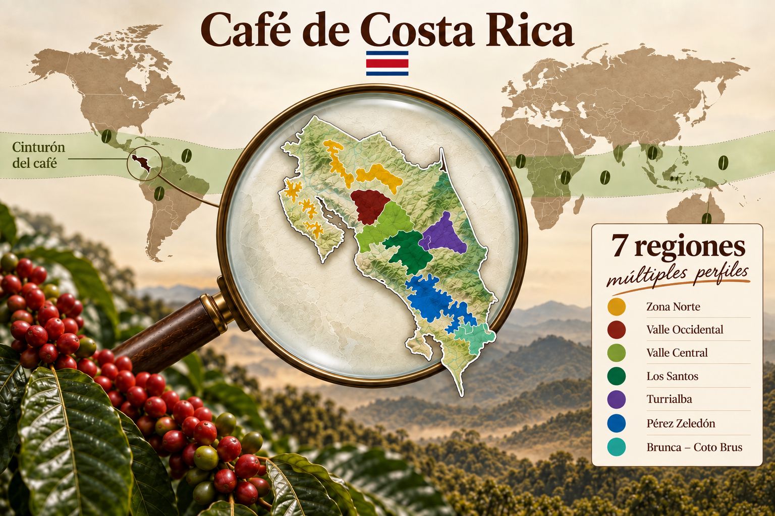 Mapa de Costa Rica con sus siete regiones cafetaleras dentro de la ceinture mundial del café.