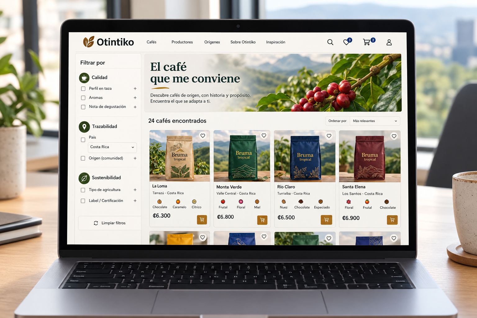 Página de Otintiko con filtros de calidad, trazabilidad y sostenibilidad y resultados de cafés de Costa Rica.