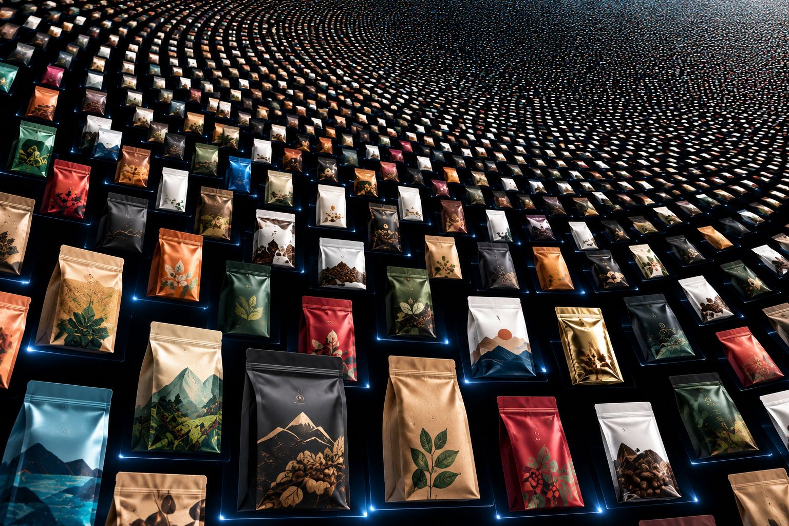 Múltiples bolsas de café de especialidad reunidas en un espacio digital que representa la diversidad de una marketplace.