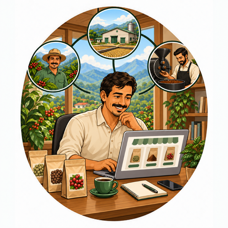 Gestor comercial E-Benefiko trabajando en su computadora con un productor, un beneficio y un tostador representados a su alrededor.