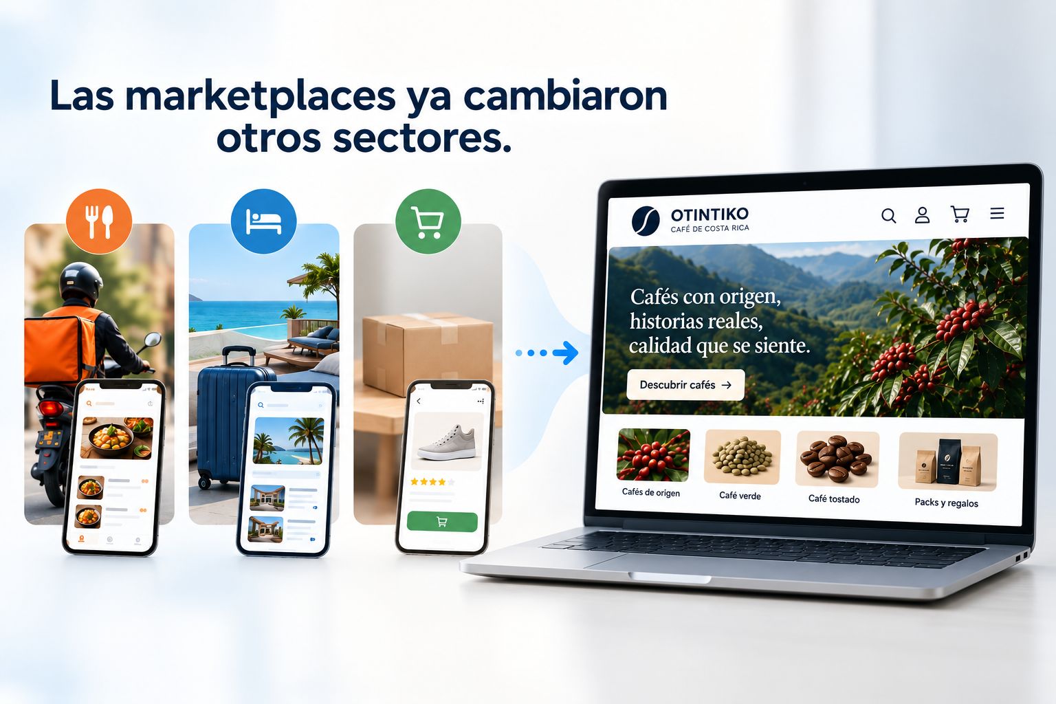 Comparación visual entre marketplaces de otros sectores y Otintiko para el café de especialidad.