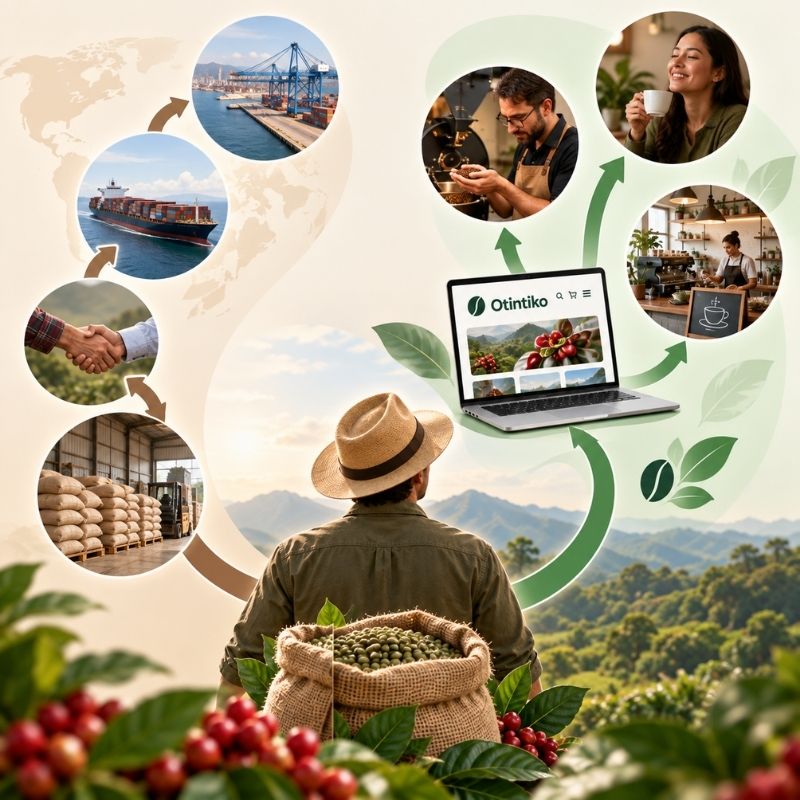 Productor de café entre el canal tradicional de exportación y E-Benefiko, que conecta su oferta con tostadores, coffee shops y consumidores.