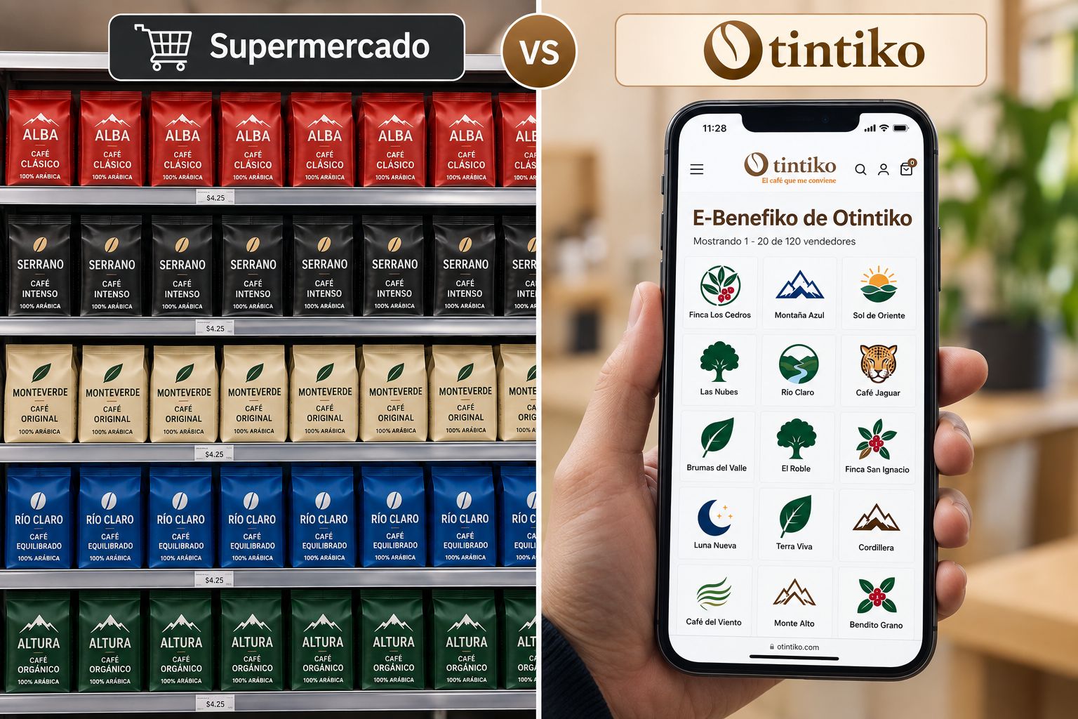 Comparación entre un estante de supermercado con pocas marcas repetidas y Otintiko con múltiples E-Benefiko de café de especialidad.